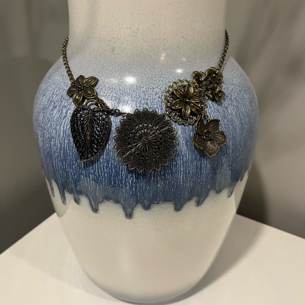 Necklace Floral Statement unique brass color floral necklace adjustable length